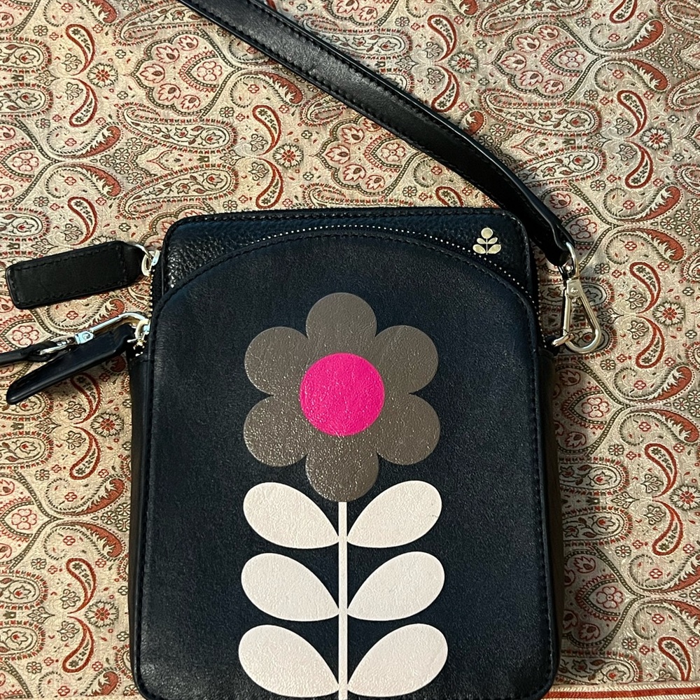 Orla Kiely Black Crossbody Bag with Pink and Gray Floral Motif